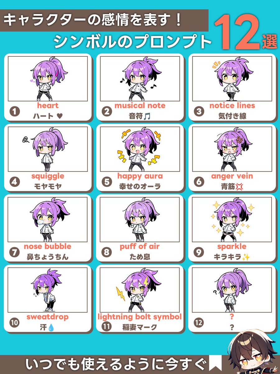 ✨キャラの感情って、
 ちょっとした記号の演出でめちゃくちゃ伝わりやすくなるよね。

でも、「ハートマーク入れたい」「キラキラつけたい」ってとき、
プロンプトでどう書くか迷ったことない？

そこで今回は、
 よく使う感情シンボルのプロンプト12選を図解にしてまとめたよ！

🔥