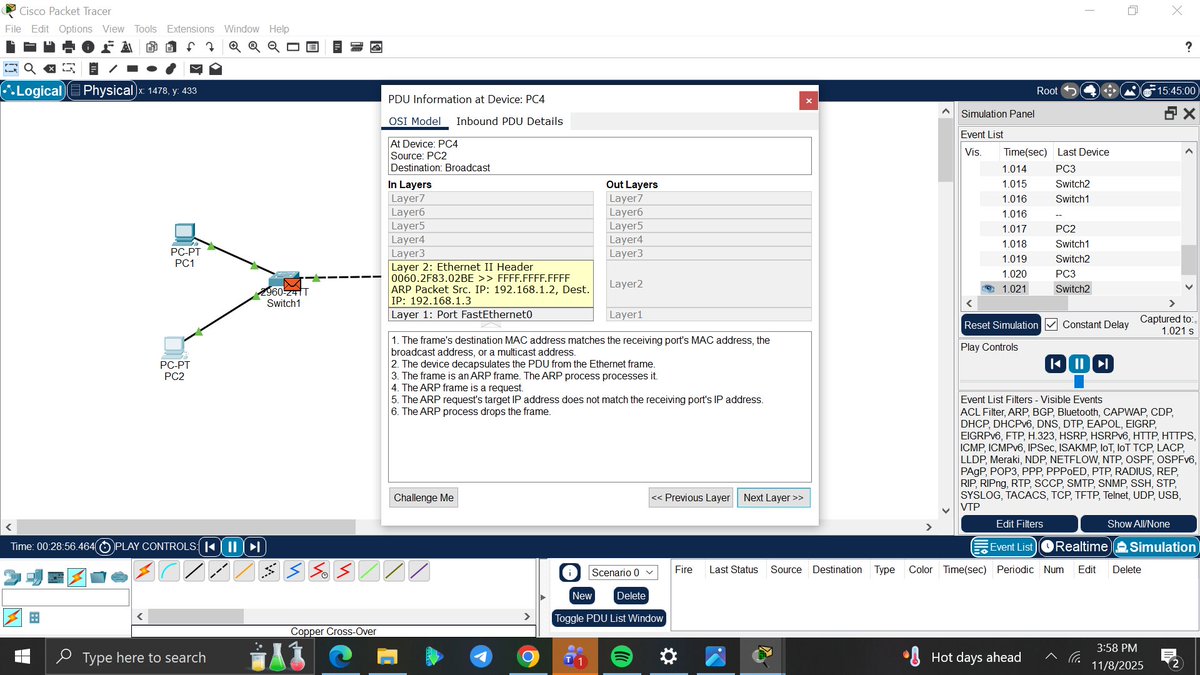 amyy_nwa's tweet image. Day 2/100 #100DaysOfNetworking
Today I used Packet Tracer to visualize how a PC discovers another device’s MAC address.
Watching ARP and ICMP packets move through the switches in simulation mode helped me understand how Layer 2  and Layer 3 work together.