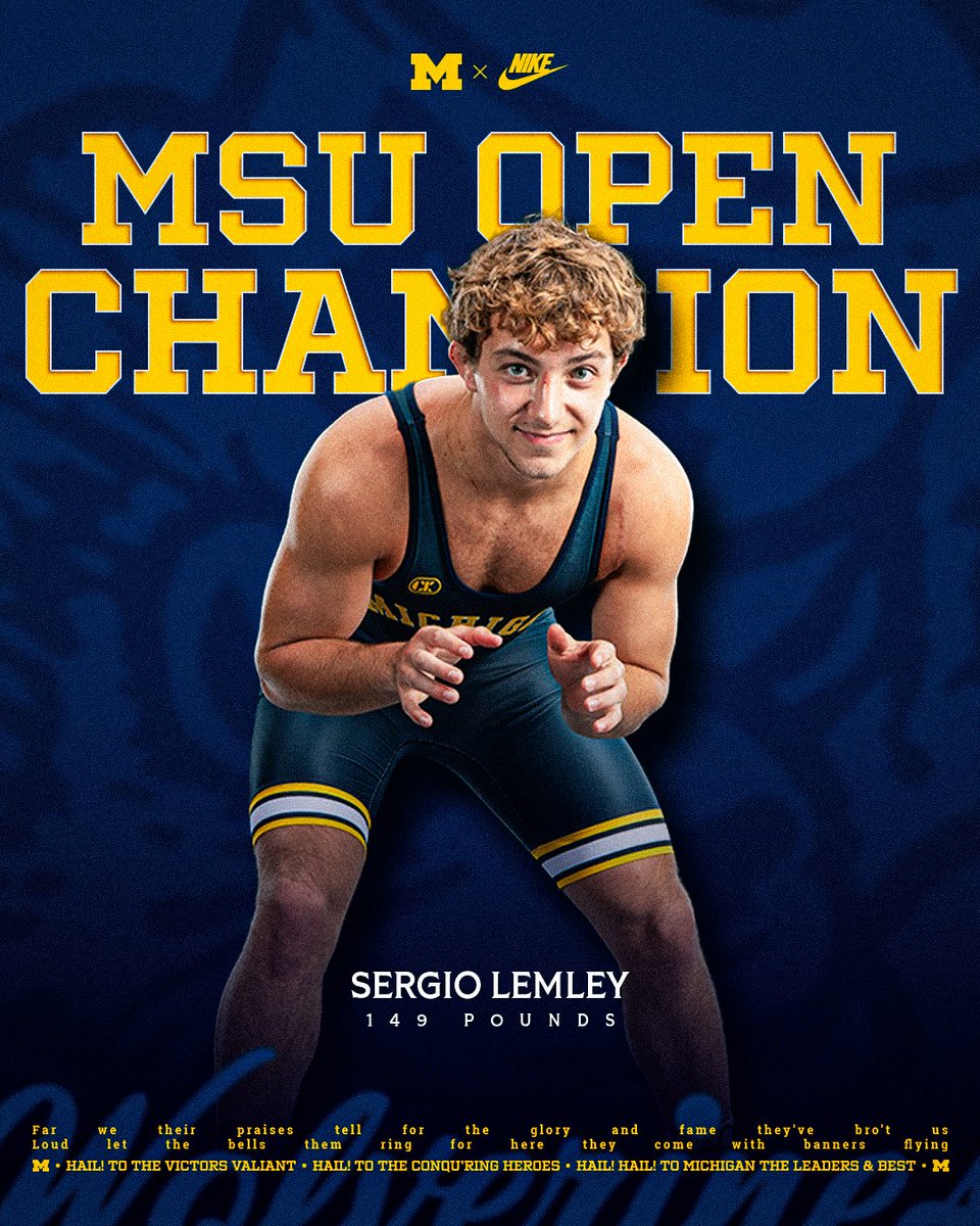 umichwrestling's tweet photo. Wolverine Sergio Lemley captures the #MSUOpen 149lb title -- unattached and in his first tournament up at the weight. He beat Illinois' Michael Gioffre, 3-0, in the final. Second-period reversal and ride out for 1:26 advantage time.
#GoBlue https://t.co/4mnyRoErzl