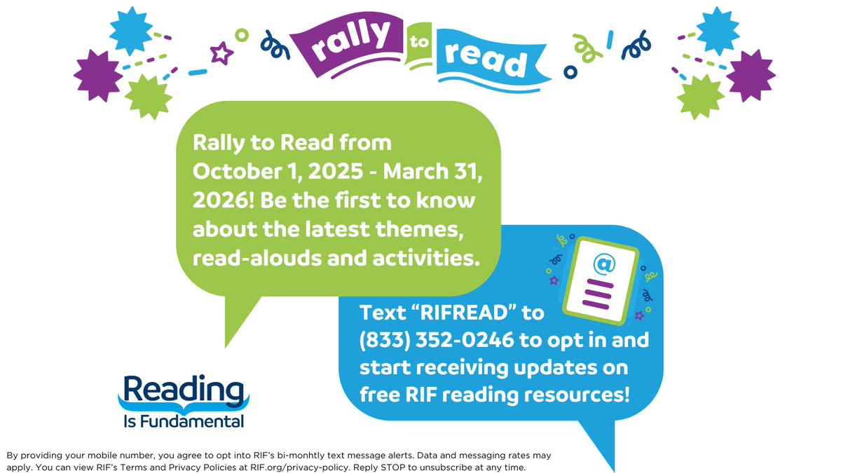 RIFWEB's tweet image. Keep reading top of mind with #RIF and #RallytoRead updates on the go. Text RIFREAD to 833.352.8246 and opt-in. From free #readalouds and #literacy resources to monthly themes and engaging activities, you&apos;ll have the latest and greatest to #ReadwithRIF at your fingertips.