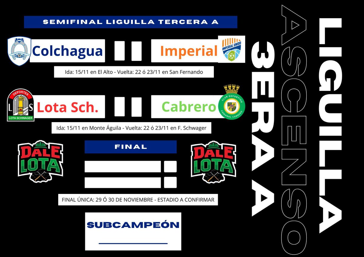 🔴⚫🟢Triunfo de Lota Schwager, quedamos en el podio y liguilla de ascenso en Tercera A confirmada

COLCHAGUA v IMPERIAL UNIDO

LOTA SCHWAGER v COMUNAL CABRERO

Arranca el sábado 15 de noviembre, los ganadores irán a final a partido único.