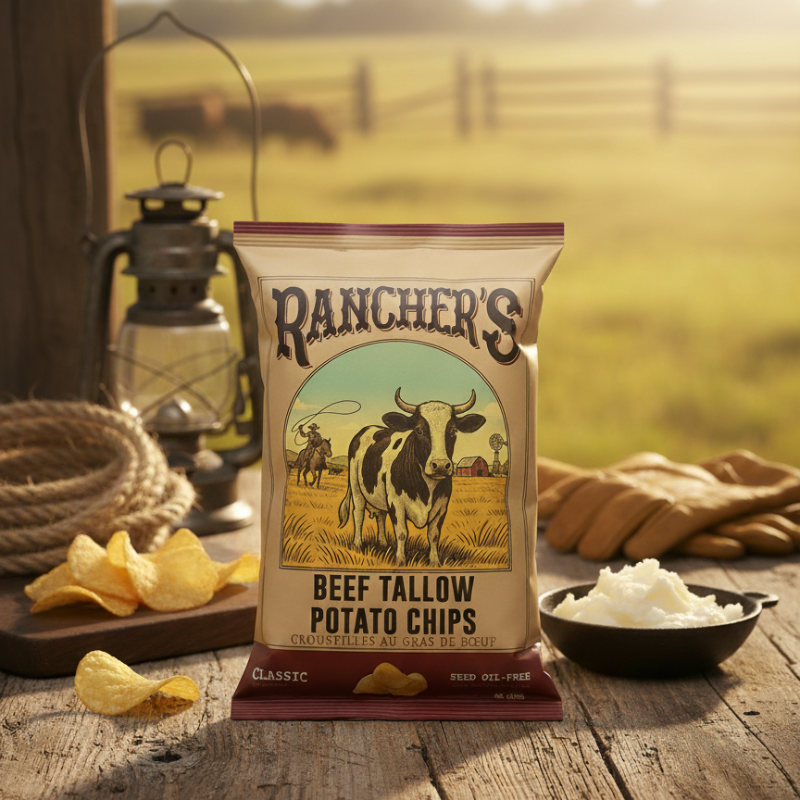 RanchersChips's tweet photo. Our seed oil-free chips are made with just three ingredients:

Potatoes,
Beef Tallow,
And Sea Salt.

Order yours today to taste the tradition. 🤠