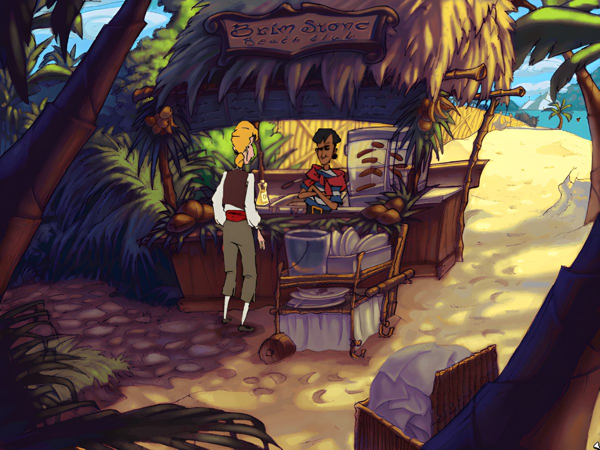 Guybrush confronts the famously rude Cabaña boy at the Brimstone Beach Club on Plunder Island.

The Curse of #MonkeyIsland (1997)