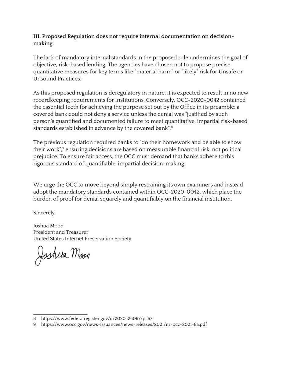 USIPS encourages the <a href="/USOCC/">OCC</a> / <a href="/FDICgov/">FDIC</a> to modify proposed self-regulation to give it teeth and to mandate restraint from financial services.

<a href="/USComptroller/">Comptroller Jonathan Gould</a> / <a href="/FDIC_martinJG/">Martin J. Gruenberg</a> should look at how <a href="/BrianBrooksUS/">Brian Brooks</a> tried to give us 'Fair Access to Financial Services' 4 years ago!