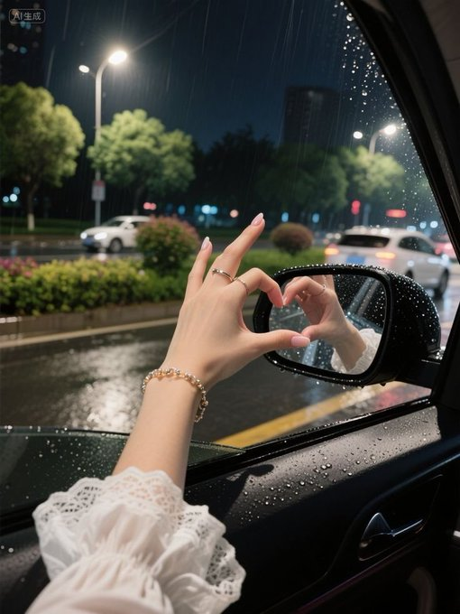 A heart shape, which is reflected in a car's side mirror.