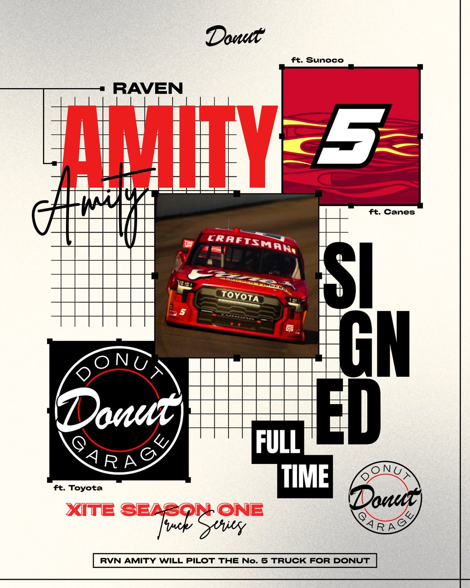 DONUTGarage's tweet photo. 🚨DONUT Announcement🚨

As we get fully underway in the XITE Truck Series Season, DONUT GARAGE is LOCKING IN our Lineup.

Our big roster switch up is going to see RVN Amity go from the XMS No. 88 -> Donut No. 5 FULL TIME for the remainder of the season, replacing NDL Shadow. 🗣️ https://t.co/tuy4QORi1N