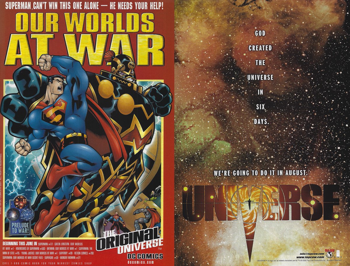 An ad for #dccomics Our Worlds At War event and Top Cow's new Universe book, meant to help create a larger sense of continuity throughout their line.