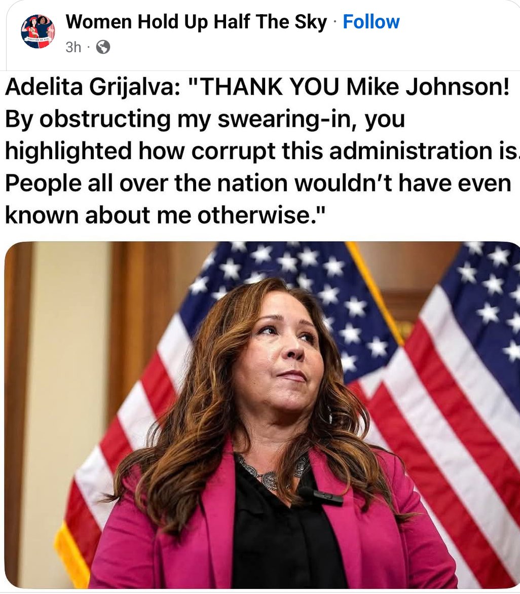 Deniying <a href="/AdelitaForAZ/">Adelita Grijalva</a>  her right to be sworn in to fully represent her district in #Congress is a total travesty.
It only shows <a href="/MikeJohnson/">Mike Johnson</a>  corruption.
I'm delighted she has been elevated to a national platform to speak on behalf of the people of #Arizona ✊🏼 #SiSePuede !!