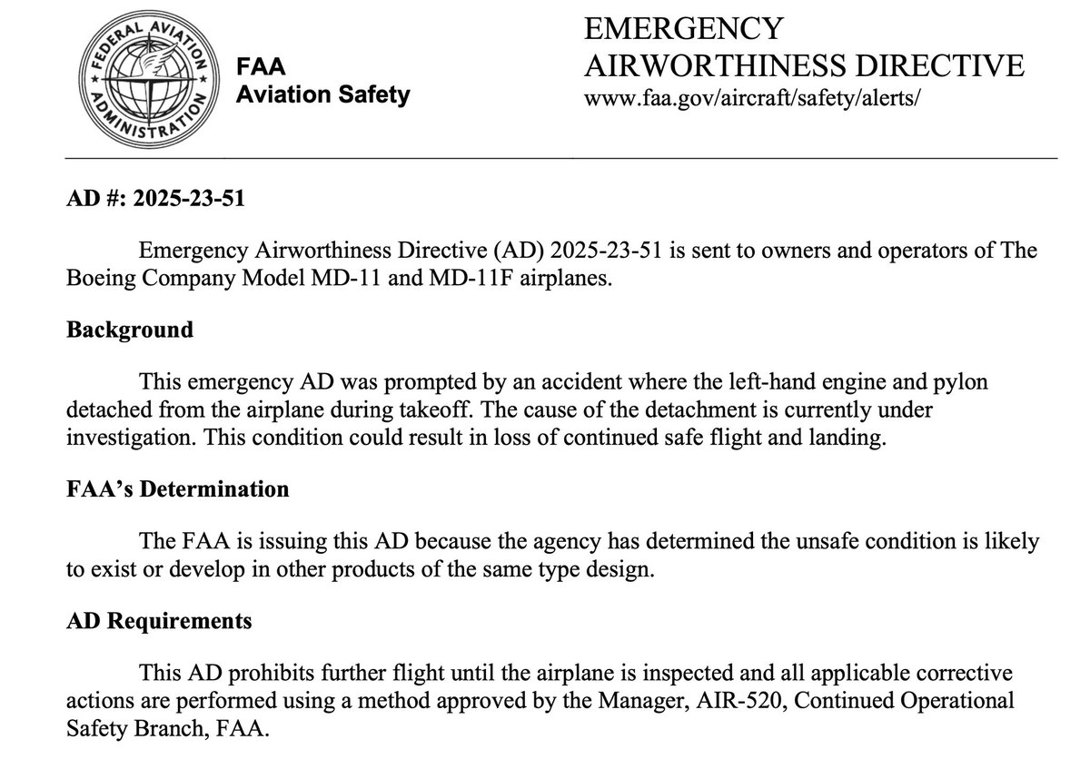 After both UPS and FedEx announced yesterday that they would be grounding their respective fleets of McDonnell Douglas MD-11F Cargo Planes, in response to Tuesday’s crash at Muhammad Ali International Airport in Louisville, Kentucky; the Federal Aviation Administration (FAA) has