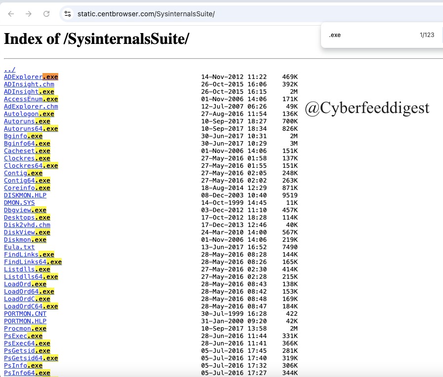 cyberfeeddigest's tweet image. 💀 #Malware Analysis Resource — 123 EXE Files 💀

#Opendir contains 123 .EXE files. Handle with extreme caution — good source for #Malware analysts.
Access: static[.]centbrowser[.]com/SysinternalsSuite/