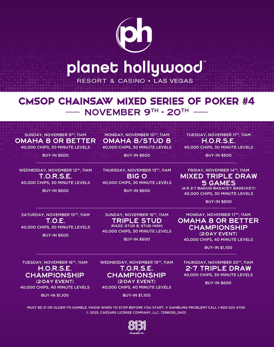 Check out <a href="/AllenKessler/">Allen Kessler</a> Chainsaw Mixed Series of Poker at Planet Hollywood starting November 9th
<a href="/A_Rich_VERIFIED/">Andy Rich, Chief Poker Officer</a> <a href="/Kevmath/">Kevin Mathers</a> <a href="/PHHotelsResorts/">Planet Hollywood Hotels & Resorts</a>