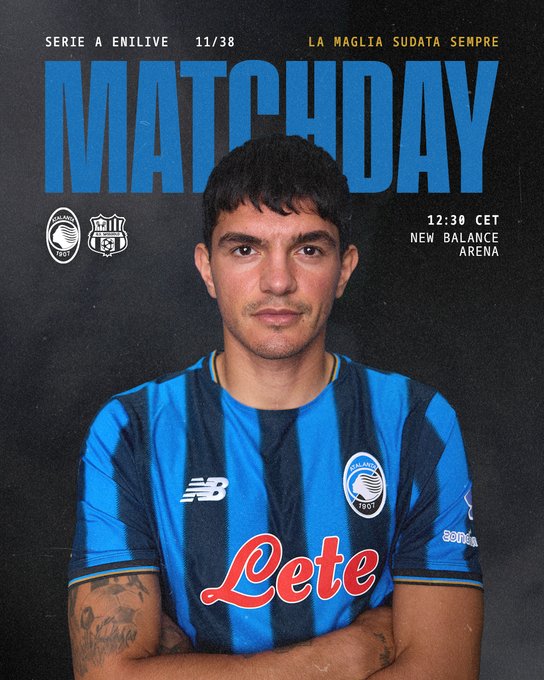 A young man with short dark hair and a focused expression stands in a blue and black striped Atalanta soccer jersey with New Balance and LeTe sponsor logos visible on the chest. He has tattoos on his arms and crosses them over his chest. The background is dark with overlaid text reading MATCHDAY in blue letters, Serie A Enilive 1/38, La squadra sudata sempre, 12:38 CET, and New Balance Arena. The Atalanta club logo appears in the corner.