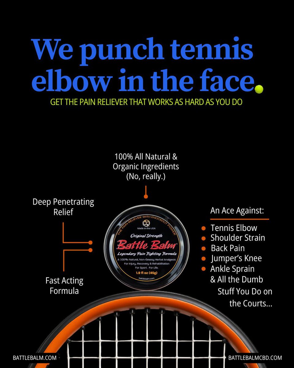 When you start double faulting from pain, try Battle Balm. We'll fix everything except your game.

Get 20% off your first order with us. Use code: INSTA20. 
.
.
.
.
#tenniselbow #elbowpain #painrelief #painreliefoptions #medialepicondylitis #painreliefproducts #sportsinjury