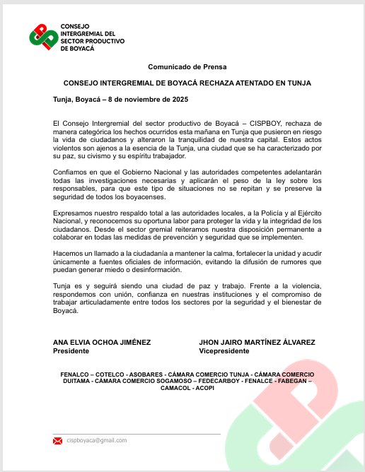El Consejo Intergremial de #Boyacá rechaza categóricamente los hechos ocurridos en #Tunja que afectaron la tranquilidad y seguridad de la ciudad.  

Respaldamos a las autoridades y reafirmamos nuestro compromiso con la paz y la unión de los boyacenses.

 #Tunja #Boyacá #Seguridad