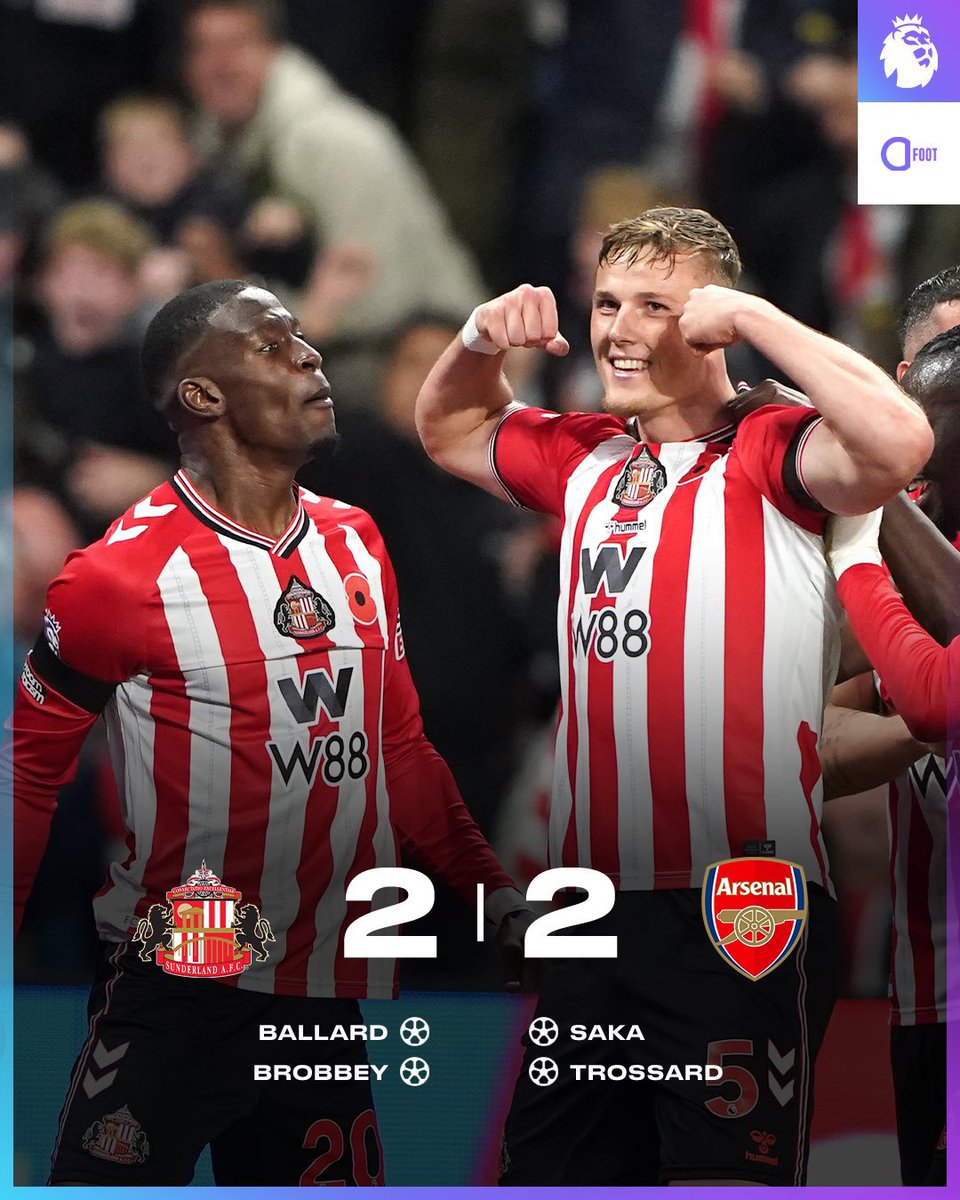 GreguyD's tweet image. Sunderland, tombeur de Chelsea, freine Arsenal ! 🤯 Le promu met fin à 10 victoires consécutives 🛑 et à 8 matchs sans encaisser le moindre but 😱🔥 Toujours 3e de Premier League 🥉