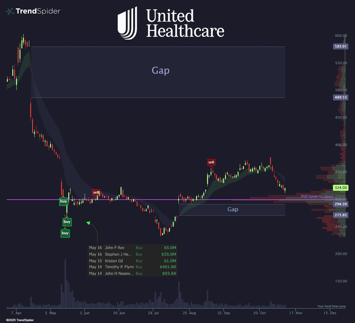 Most traded price of 2025. Multiple insider buys.

Everything lining up at the $300 psych level on $UNH.

If price gets there, you’ll want to be watching.
