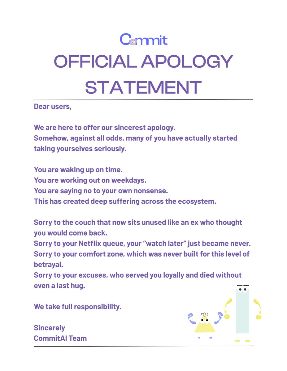 CommitAi's tweet image. The CommitAI team would like to issue a formal apology. We are truly sorry.

#commitai #healthtech #startup #breakingnews #pressrelease #fitnesstech