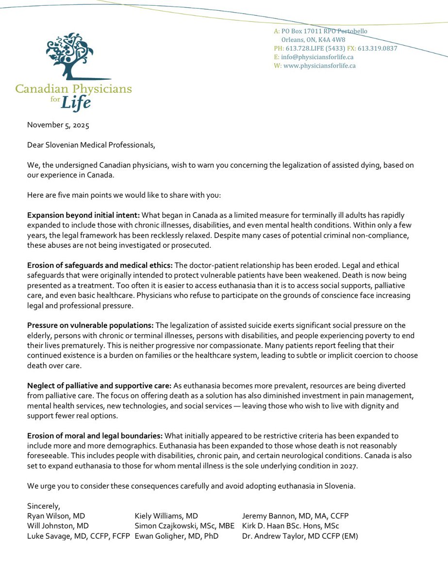 Slovenia has an upcoming referendum on a law legalizing assisted dying.

Canadian physicians wish to warn you concerning the legalization of assisted dying, based on our experience. 

We urge you to consider these consequences carefully.