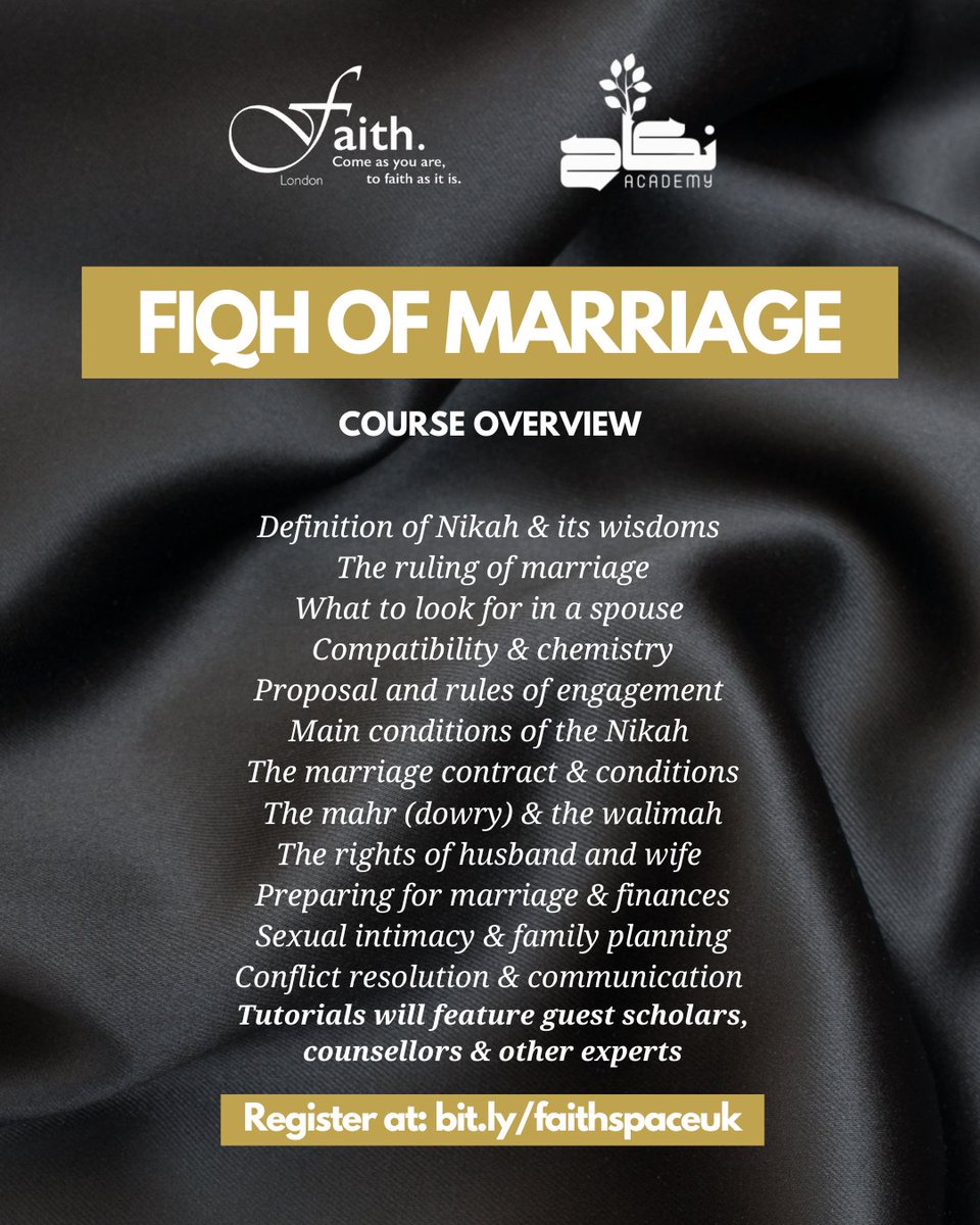 Here's a preview of just SOME of what we'll be covering in our upcoming Fiqh of Marriage online programme ✨

Just 2 days to go! Sign up via: bit.ly/faithspaceuk
*Discounts are available for monthly Sustainers, students, or if you're struggling financially - get in touch!