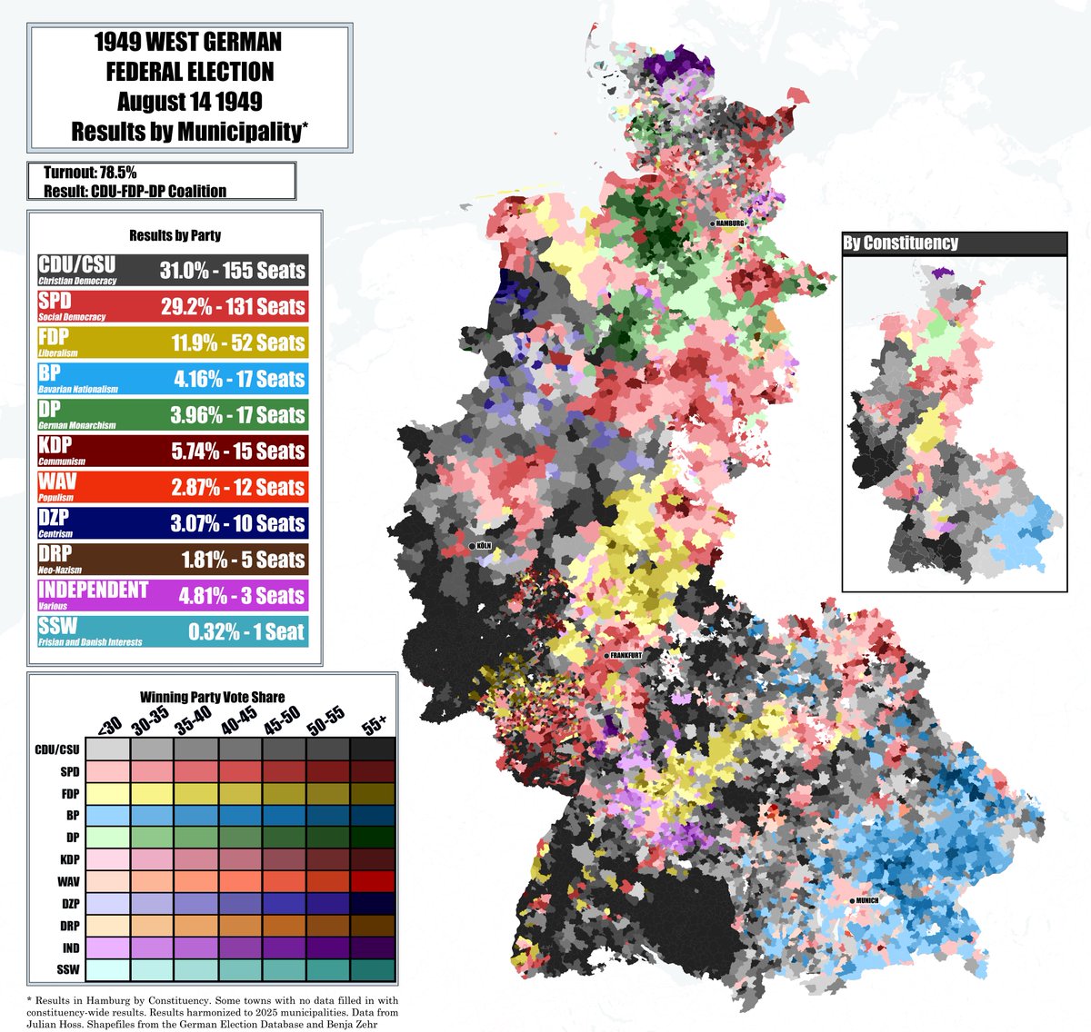 This one took me a while but happy to present the 1949 West German Election by municipality. 

This was Germany's first election after WWII and its first free one since 1932. Twelve different parties won seats, and every single one won at least one municipality.