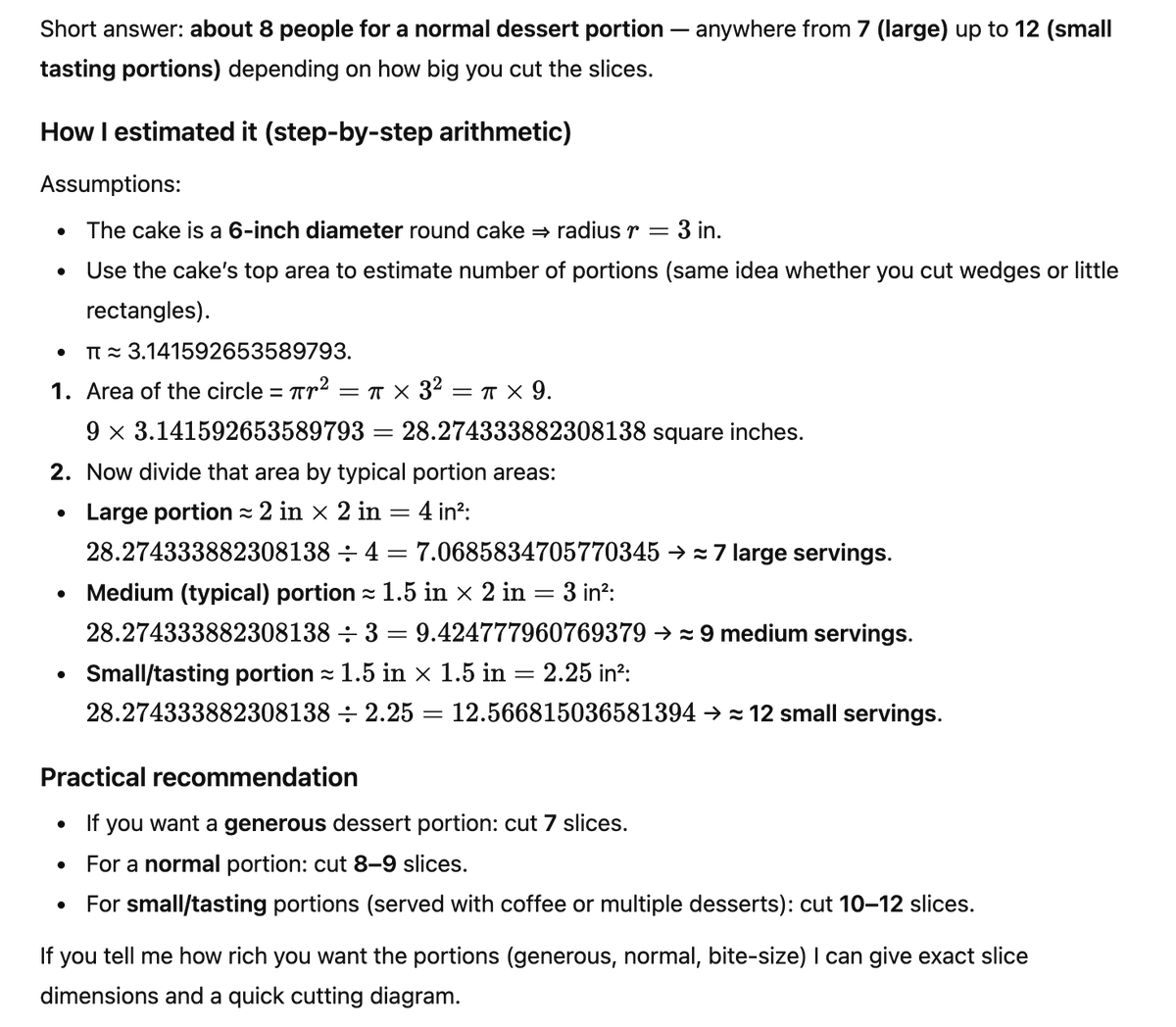FredrickMurphy2's tweet photo. GPT5 router took my quick estimate Q and decided it needed thinking mode for some reason.

"Estimate how many people I could feed with a 6" diameter tiramisu cake"

I wanted a vibe check but got a fermi estimate with way too many decimal points. RLHF math-maxxing too hard? https://t.co/R7UAOBvZkN