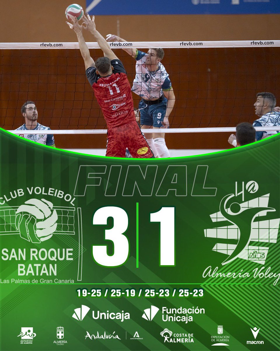 𝗙𝗜𝗡𝗔𝗟 🏁 

3️⃣ <a href="/voleysanroque/">Club Voleibol San Roque - Batán</a> 
🆚
1️⃣ Unicaja Costa de Almería

📸 Pepe Núñez 

💚 #VamosVerdes!
🏐 #SomosVoleibol

#Unicaja #Almeria #Almería #UnicajaAlmeria #UnicajaAlmería #Voleibol #Volleyball #Volley #Pallavolo #Volei #Andalucia #picoftheday #BecomeYourOwnHero