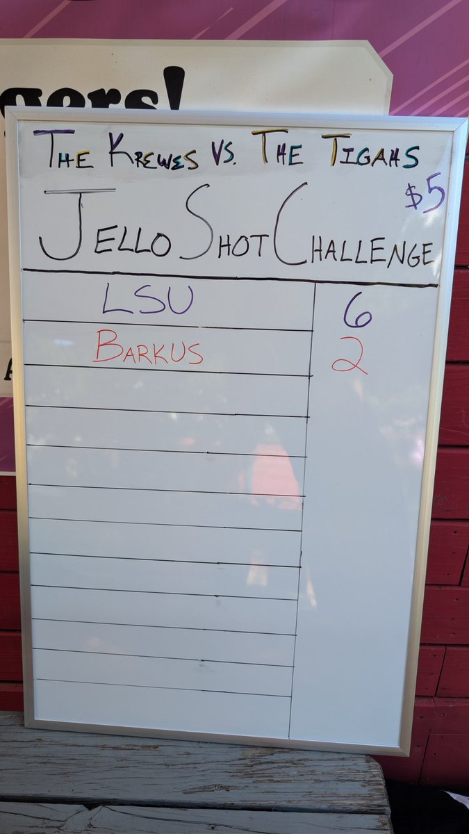 CWSShotBoard's tweet image. It has begun! We will be at Clesi&apos;s in Mid City New Orleans all day selling shots and raising money for @AnimalRescueNO. @LSU predictably out to an early lead with Barkus nipping at their heels. Show up, buy shots, help animals, and rep your Krewe! Who&apos;s next on the board?