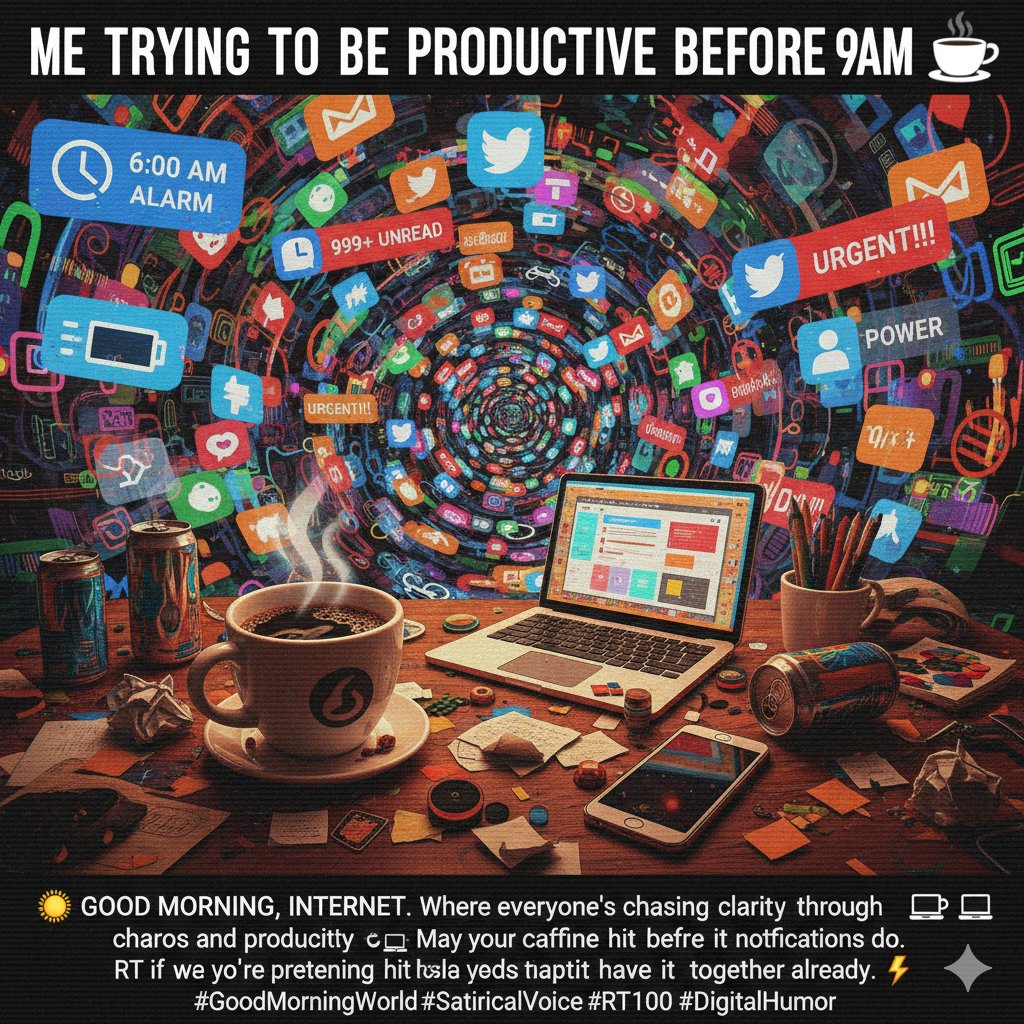 SatiricalVoice's tweet photo. 🌞 GOOD MORNING, INTERNET.
Where everyone’s chasing clarity through chaos
and productivity through panic. ☕💻
May your caffeine hit before your notifications do. ⚡

RT if you’re pretending to have it together already. 👇
#GoodMorningWorld #SatiricalVoice #RT100 #DigitalHumor https://t.co/gYUF5tVQ1h