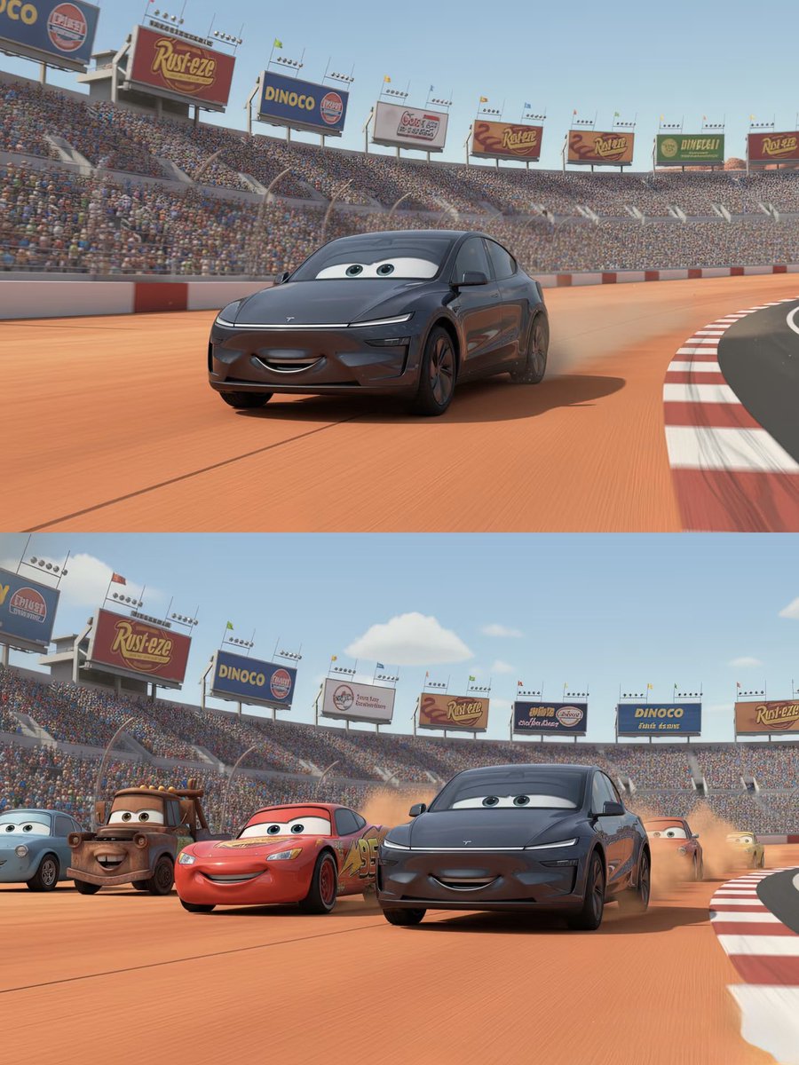 The Juniper Model Y imagined in a Pixar Cars movie.  $TSLA