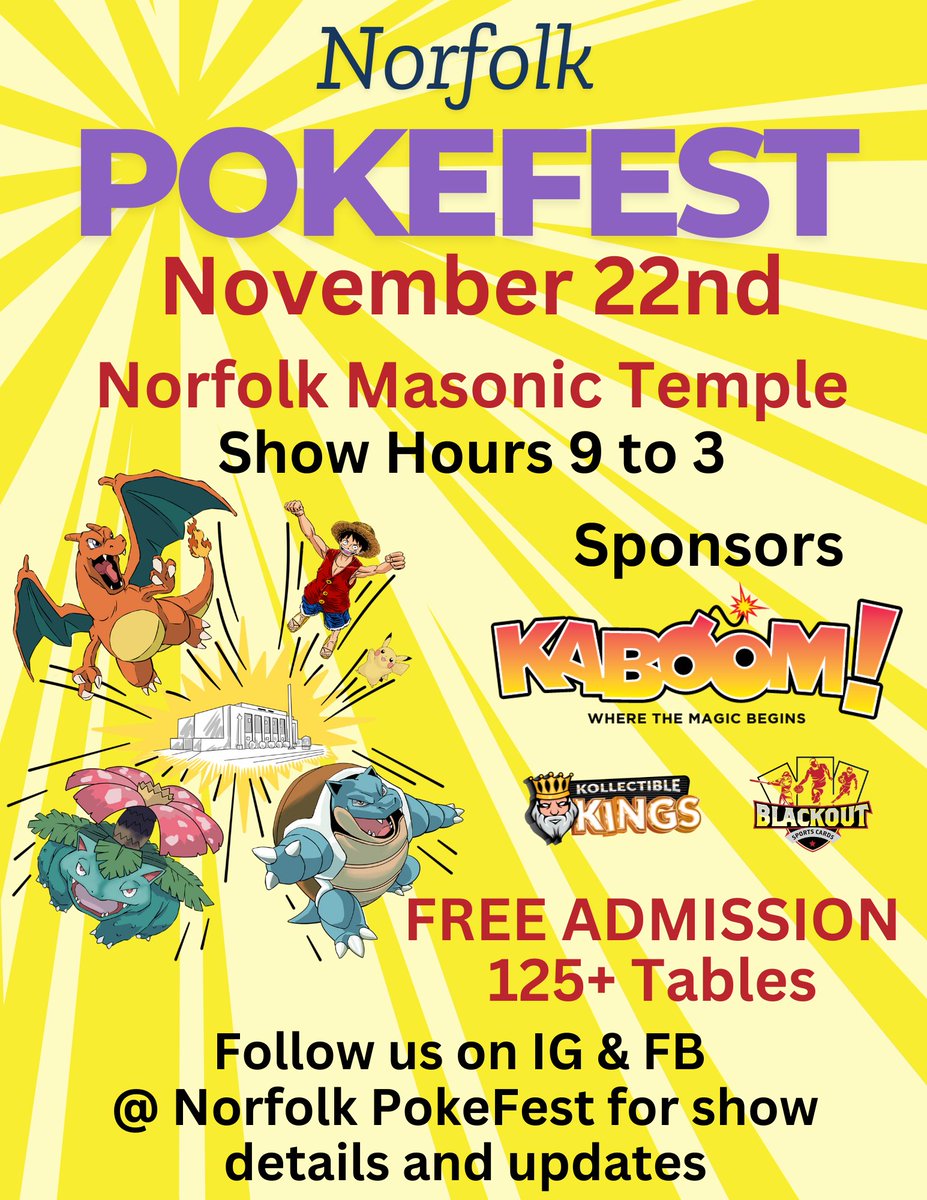 Pokefest is back at The Norfolk Masonic Temple November 22nd from 9 to 3
Free Admission and Parking 
#PokemonTCG #pokefest #PokemonCards