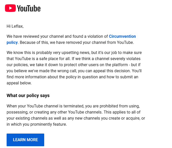LeflaxYT's tweet photo. This is absolutely ANNOYING.
I woke up this morning with 3 accounts being terminated by youtube's ai. The reason being "Circumvention policy" because my main channel LeflaxRoblox got false banned too and these other channels were under the same email. Sending appeals right now! https://t.co/54h7KnfvDt