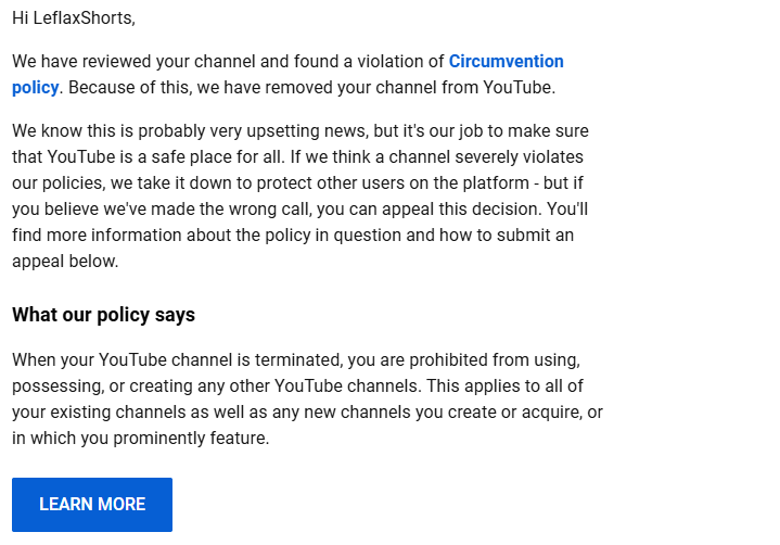LeflaxYT's tweet photo. This is absolutely ANNOYING.
I woke up this morning with 3 accounts being terminated by youtube's ai. The reason being "Circumvention policy" because my main channel LeflaxRoblox got false banned too and these other channels were under the same email. Sending appeals right now! https://t.co/54h7KnfvDt