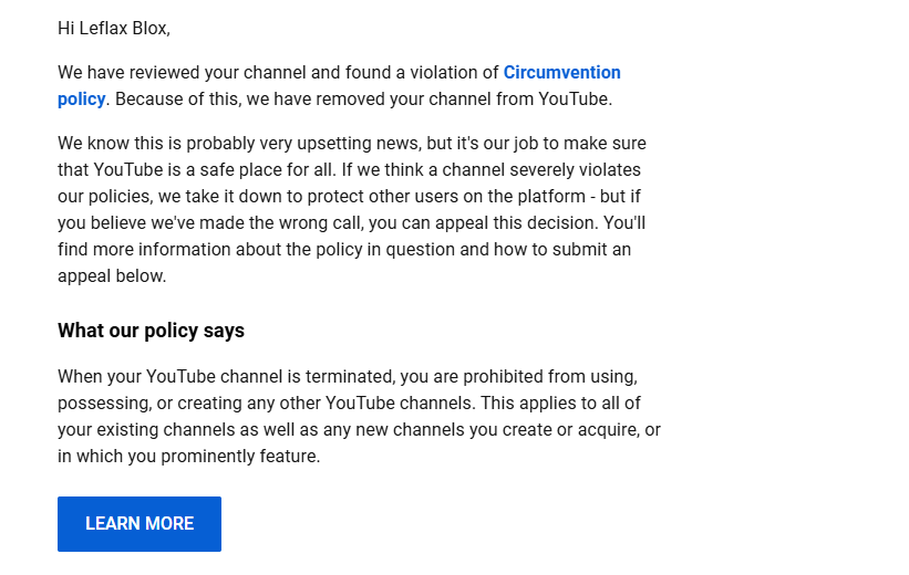 LeflaxYT's tweet photo. This is absolutely ANNOYING.
I woke up this morning with 3 accounts being terminated by youtube's ai. The reason being "Circumvention policy" because my main channel LeflaxRoblox got false banned too and these other channels were under the same email. Sending appeals right now! https://t.co/54h7KnfvDt