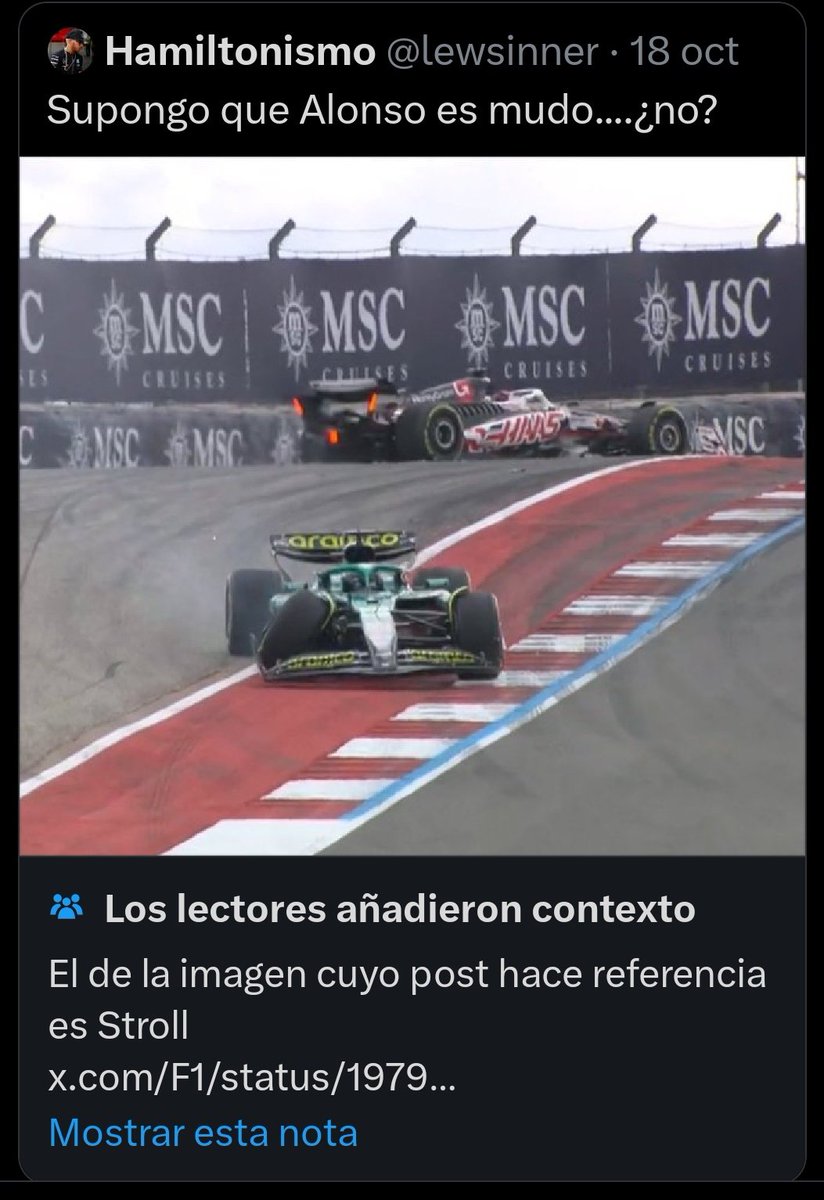La victorias en sprints no cuentan, pero si no supo en COTA diferenciar el Aston de Stroll al de Fernando...

Como vamos a pedirle  un mínimo de sentido común?