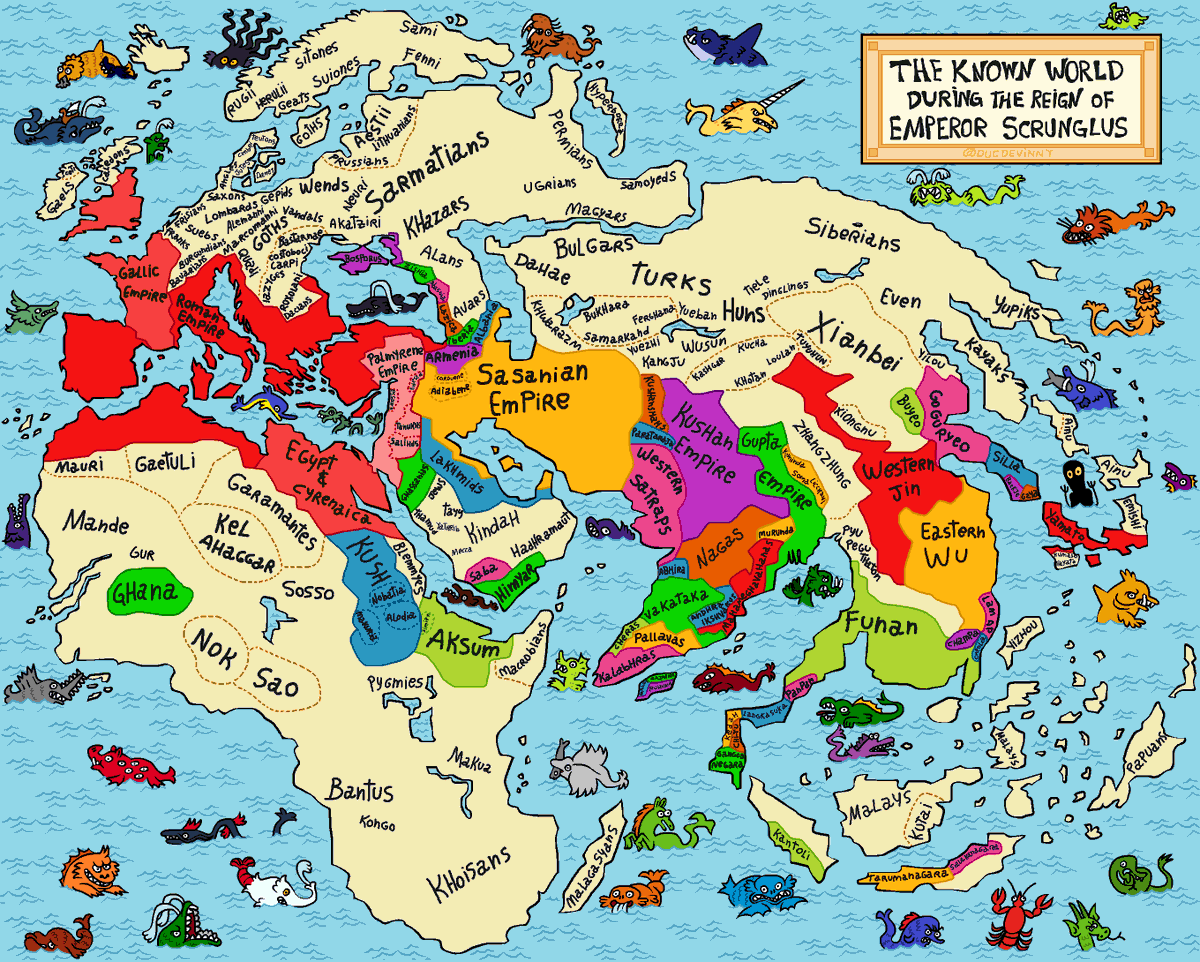 DucDeVinny's tweet image. The kingdoms, empires and peoples of the known world during the times of Emperor Scrunglus