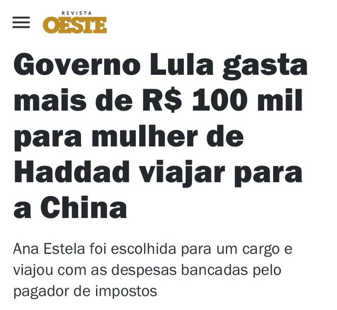 A screenshot of a news article from Revista Oeste with a blurred logo at the top left and a menu icon at the top right. The headline reads Governador Lula gasta mais de RS 100 mil para mulher de Haddad viajar para China. The body text states Estela foi escolhida para um cargo e viagem com as despesas bancadas pelo pagador de impostos.
