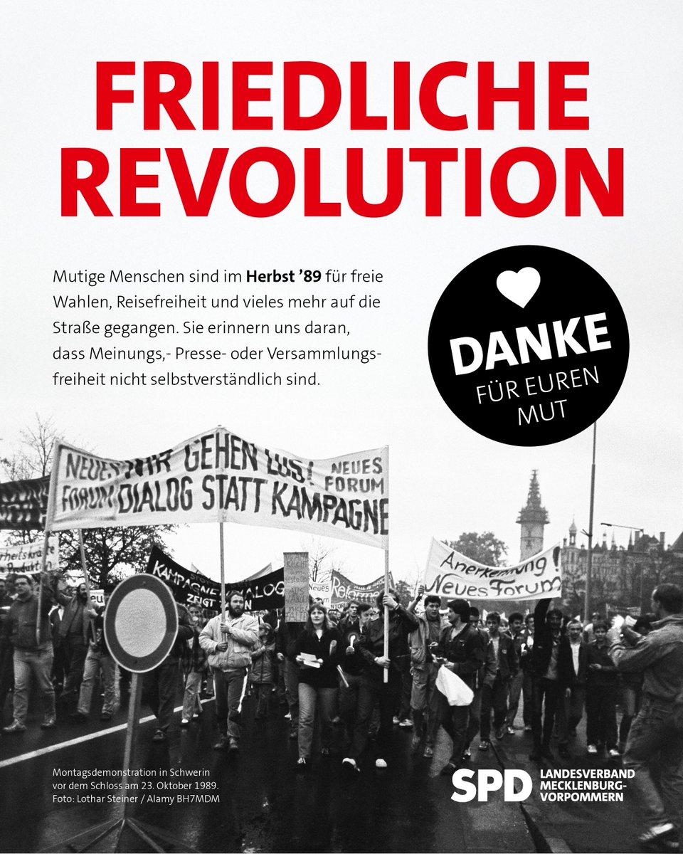 SPDMV's tweet image. Der Mut der Menschen, die im Herbst 1989 für Freiheit und Demokratie auf die Straße gegangen sind, ermöglicht uns bis heute ein Leben in Freiheit und Mitbestimmung und verpflichtet uns bis heute: Demokratie lebt vom Mitmachen, Mut und Zusammenhalt. Das fordert uns alle gemeinsam.