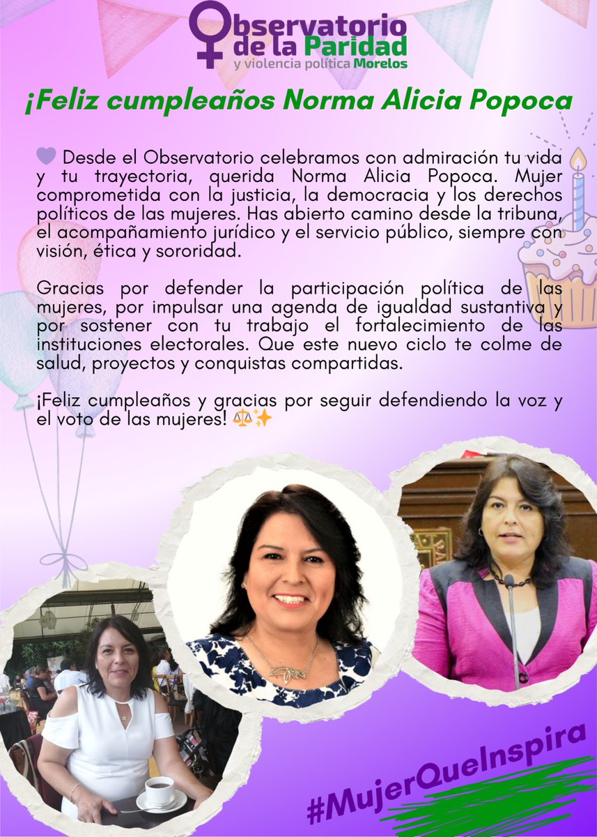 💜 Desde el Observatorio celebramos la vida y trayectoria de Norma Alicia Popoca, mujer comprometida con la justicia, la democracia y los derechos políticos de las mujeres.

¡Feliz cumpleaños y gracias por seguir defendiendo la voz y el voto de las mujeres! ⚖️✨

#MujerQueInspira