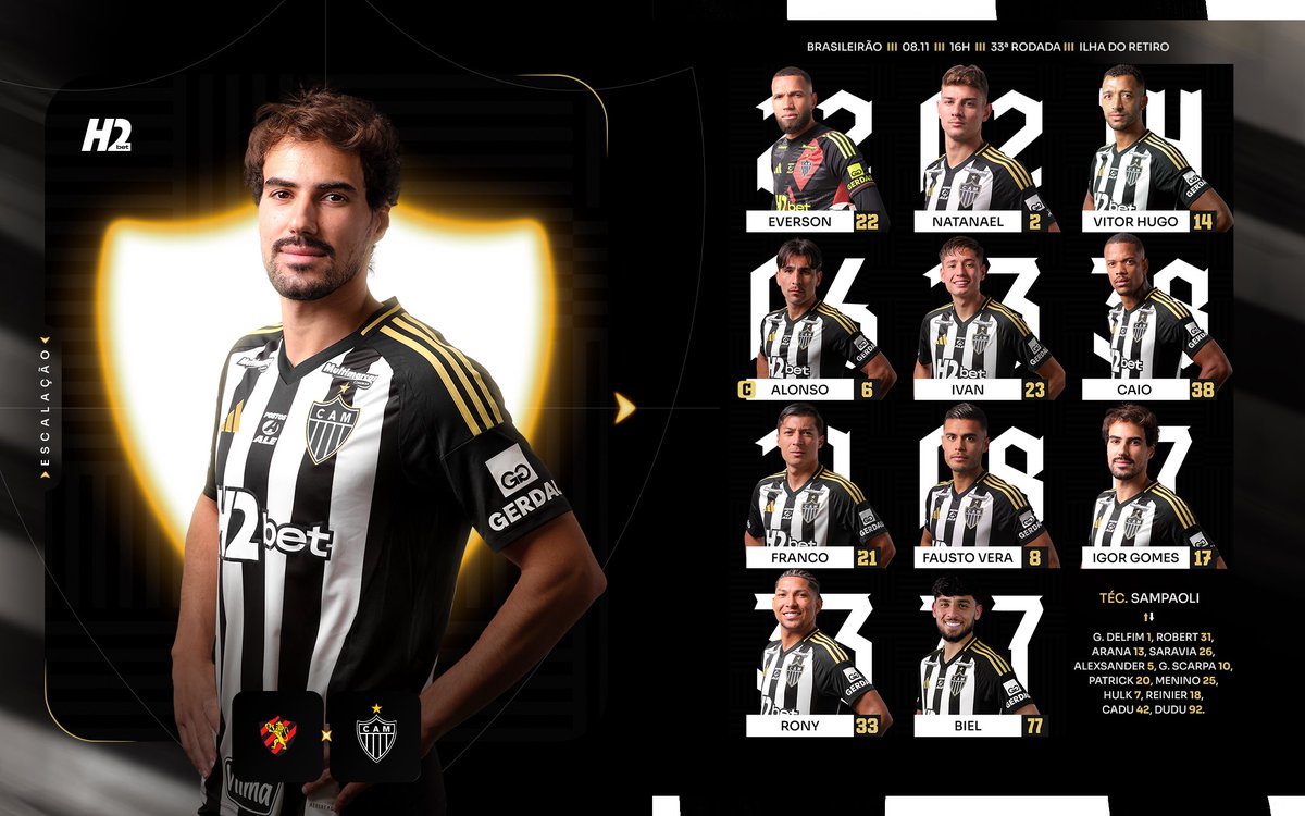 Atletico's tweet image. 📋 GALO ESCALADO! Veja a nossa escalação para enfrentar o Sport, em Recife, pela 33ª rodada do Brasileirão!

#VamoGalo #SPOxCAM 🏴🏳️