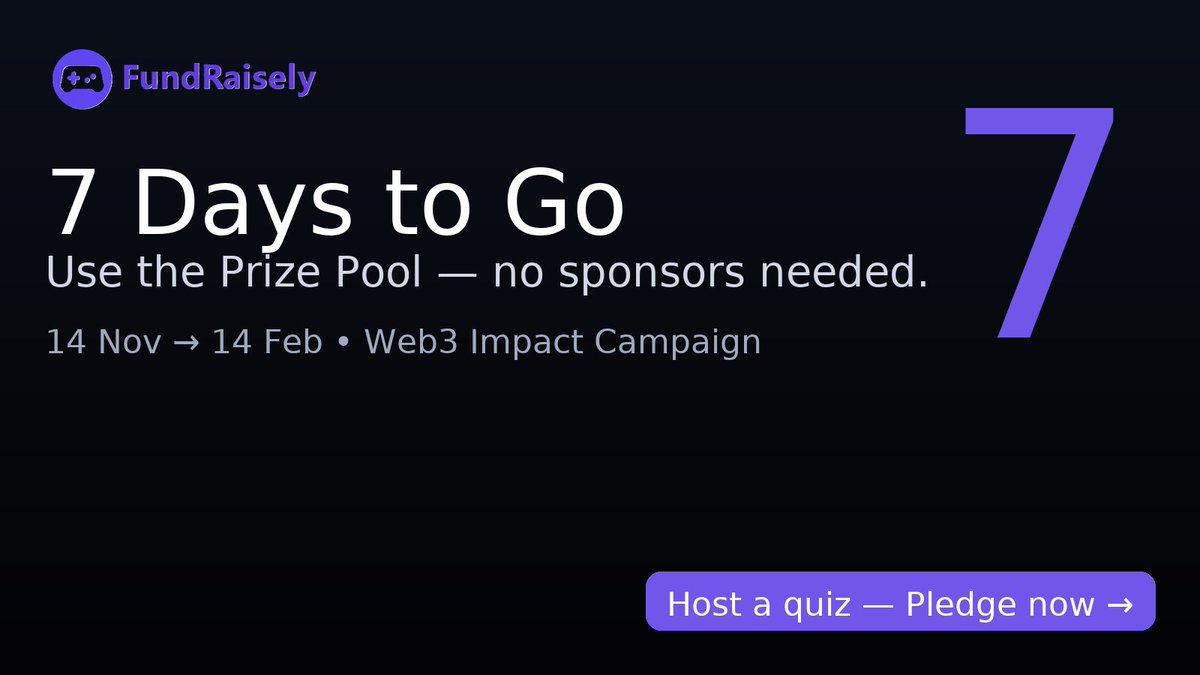 Host a fundraisly quiz during the web3 impact campaign and you dont even need to find prizes or sponsors.  we give you 2 simple choices - 1. use funds from the pool, or 2. add your own digital prizes 

7 days to go...........LFGGGGGGGGGGGGGG