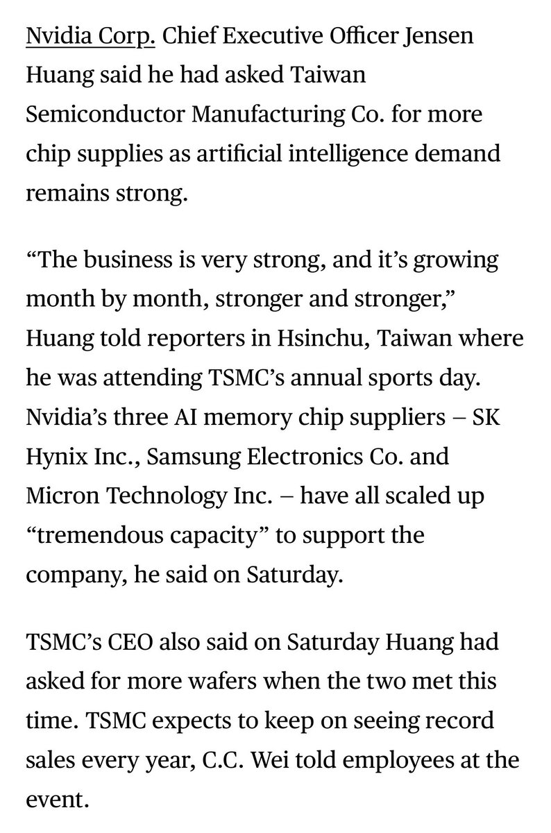 “The business is very strong, and it’s growing month by month, stronger and stronger”, Jensen Huang, Nvidia CEO.

$NVDA $TSM