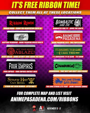 AnimePasadena's tweet photo. 🎀 IT’S FREE RIBBON TIME! 🎀

Collect all the exclusive ribbons across Anime Pasadena! Each one represents a different fandom or area of the con 👇

✨ Collect them all and power up your badge!
📍 Full list and map: https://t.co/5ypVAZaJn3
#AnimePasadena #AnimePasadena2025 https://t.co/r3D1Fz5X8v