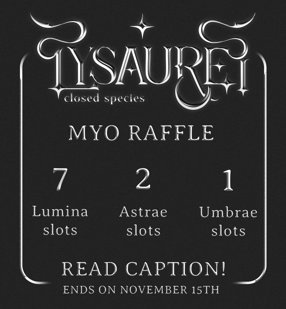 𝙇𝙮𝙨𝙖𝙪𝙧𝙚𝙞 𝙈𝙔𝙊 𝙧𝙖𝙛𝙛𝙡𝙚

✦ 𝙃𝙤𝙬 𝙩𝙤 𝙀𝙣𝙩𝙚𝙧

• Join the Discord: discord.gg/EWeaVWpb
• Comment your thoughts about this species.
• Share this raffle on your profile!

You can learn more about the species here: lysaureiworld.carrd.co

#raffle #cs #oc