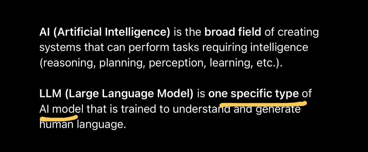 Barron0x's tweet image. Let me explain this to you like you are retarded, since you clearly cannot read. (Respectfully.)

An LLM is a TYPE of AI model.

More specifically: an LLM is a subset of artificial intelligence focused on language.

LLMs DO NOT = Artificial Intelligence.

Was that simple enough?