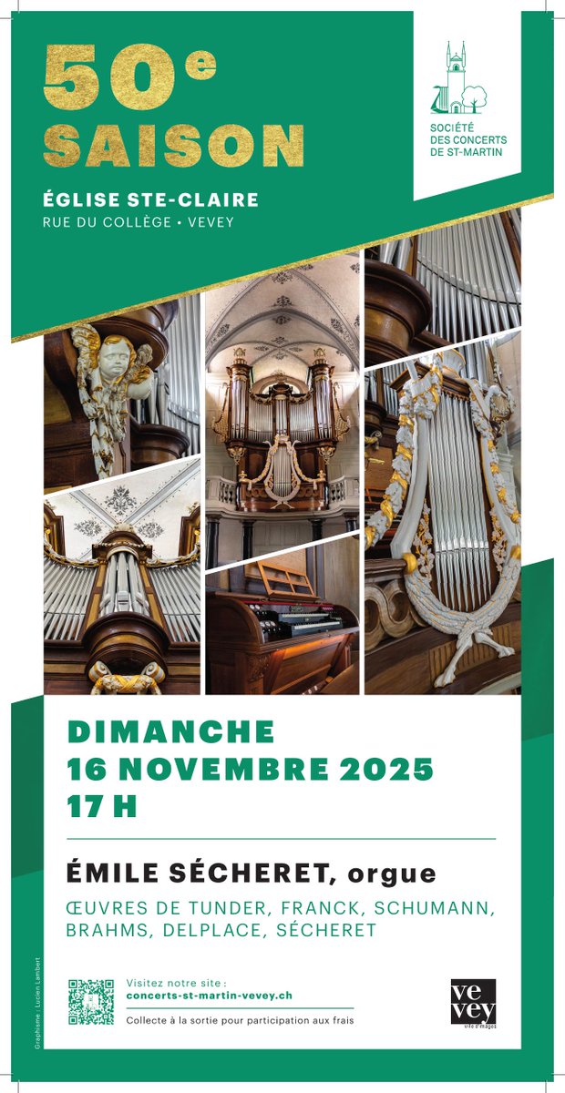 Dimanche prochain (16 novembre) à 17h :

Récital sur le magnifique orgue historique Friedrich Goll, 1898, de l'église Sainte-Claire à Vevey.

Œuvres de Tunder, Franck, Schumann, Brahms, <a href="/s_delplace/">Stephane Delplace</a> et <a href="/emilesecheret/">Émile Sécheret</a> 

Bienvenue !

#recital #vevey #organrecital #romanticmusic