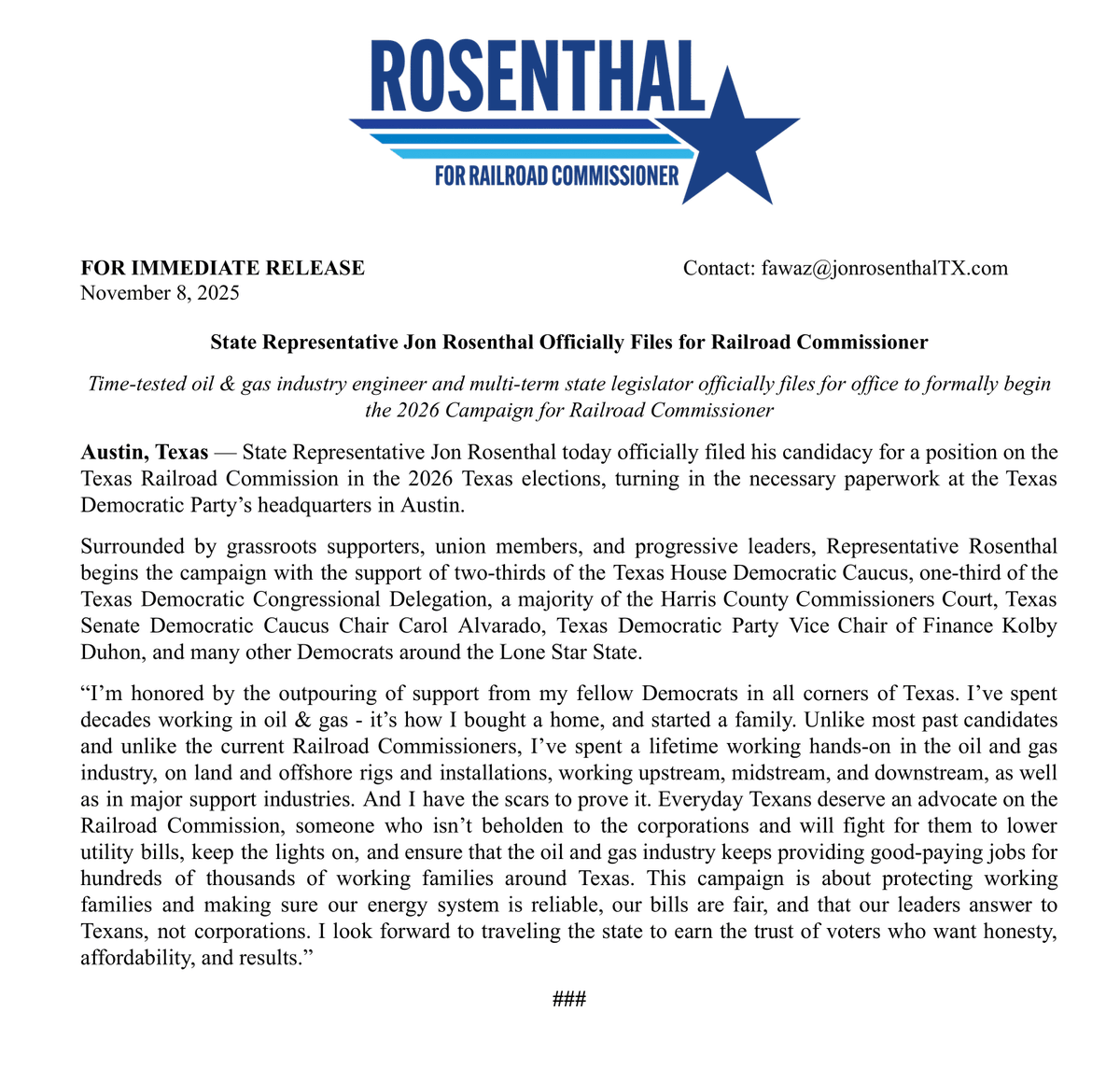 Jon_RosenthalTX's tweet photo. I'm excited to formally file the paperwork to be on your ballot all across Texas! I'm running to keep the lights on, lower our utility bills, and ensure that Texas continues to provide good-paying jobs in the energy industry. See my statement upon filing for office below - https://t.co/aXhRtQUlYG