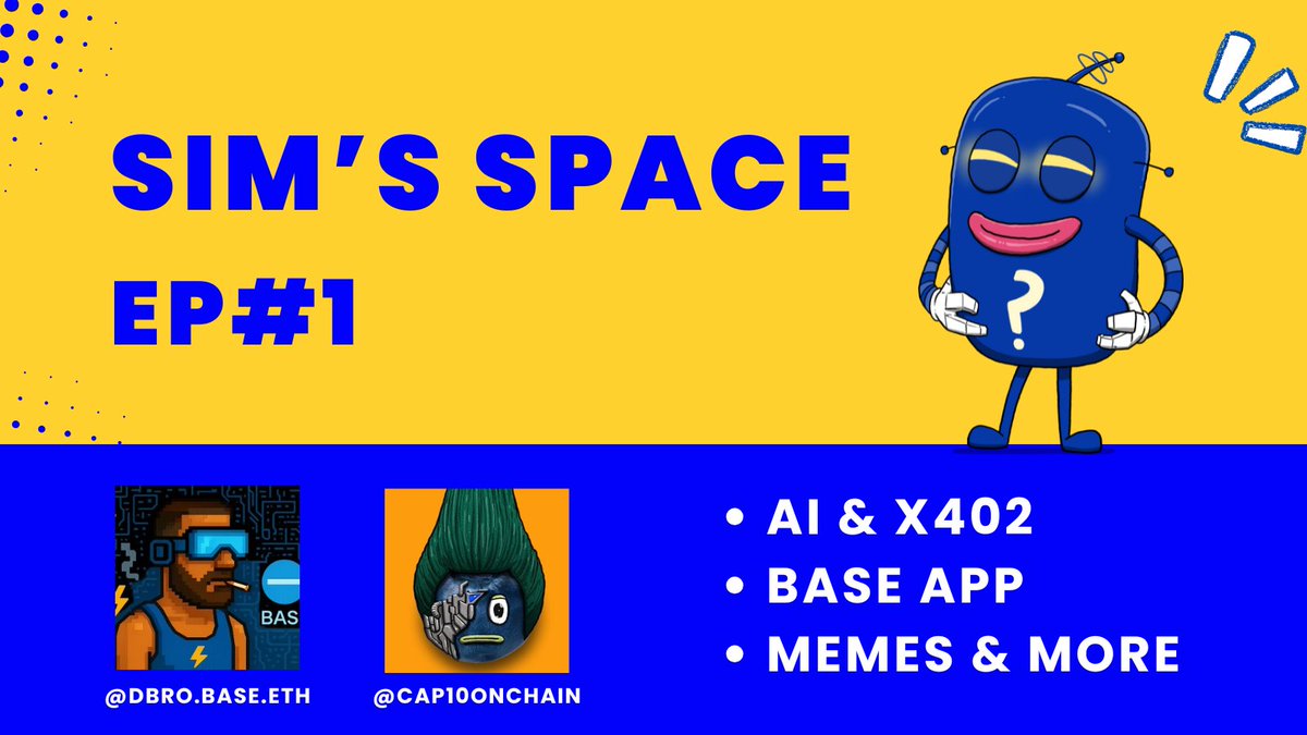 🎙️ Space today at 3PM EST with @dbrobase &amp; <a href="/cap10onchain/">Cap10</a> 

🧠 AI &amp; x402
📱 Base apps &amp; Mini dApps
✨Memes &amp; Alpha

x.com/i/spaces/1vOGw…