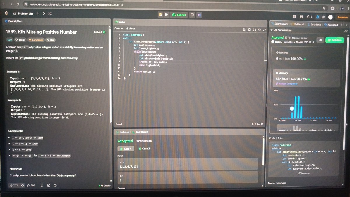 terask12345's tweet photo. 😴 Day 33 of #100DaysOfCode
Felt tired and sleepy today but still solved two interesting DSA problems:
🔹 Kth Missing Number
🔹 Aggressive Cows 🐄
Learned new ways to think with Binary Search. Showing up matters more than perfection 💪
#DSA #BinarySearch #TechTwitter
#striverDSA https://t.co/NEwXgw6Jwa