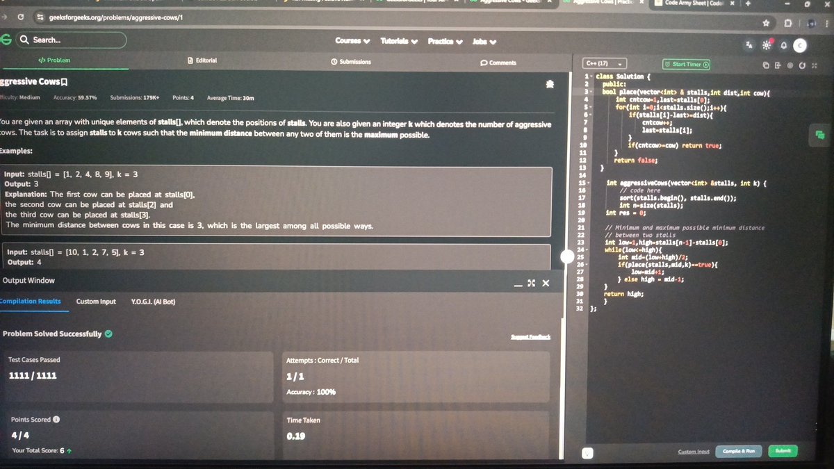terask12345's tweet photo. 😴 Day 33 of #100DaysOfCode
Felt tired and sleepy today but still solved two interesting DSA problems:
🔹 Kth Missing Number
🔹 Aggressive Cows 🐄
Learned new ways to think with Binary Search. Showing up matters more than perfection 💪
#DSA #BinarySearch #TechTwitter
#striverDSA https://t.co/NEwXgw6Jwa