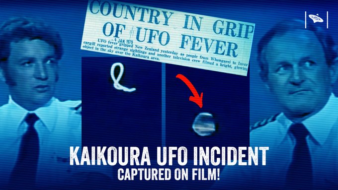 Two men in suits and ties standing side by side with serious expressions one gesturing with hand near face the other holding a microphone against a blue background overlaid with a large white banner reading COUNTRY OF UFO FEVER GRIP in bold letters below it smaller text about reported UFO sightings in New Zealand a red arrow points to a circular object resembling a UFO on the right side bottom text labels it as Kaikoura UFO Incident captured on film